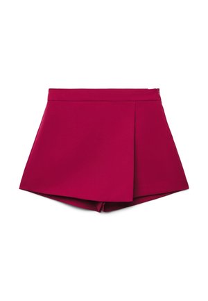 Short en skort taille haute magenta avec un panneau avant asymétrique et une fermeture éclair dissimulée sur le côté, présenté à plat sur un fond blanc.