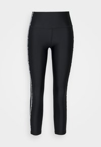 Leggings attivi neri con un alto cinturino in vita, texture liscia e strisce bianche con marchio lungo ciascun lato. Lunghezza fino a metà polpaccio.