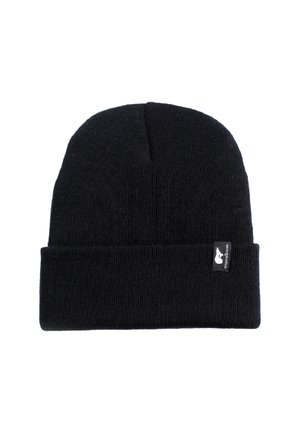 Schwarze Strickmütze mit umgeschlagenem Saum, versehen mit einem kleinen Markenetikett an der Seite. Weicher Stoff und passgenaues Design für Wärme.