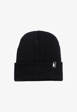 Black knitted beanie with a folded cuff, featuring a small branded tag on the side. Soft texture and form-fitting design for warmth.