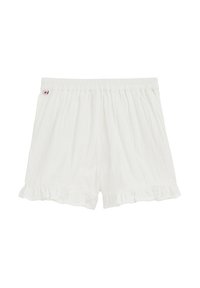 White cotton shorts with an elastic waistband and ruffled hem. Lightweight fabric with a smooth texture, featuring a small logo tag.