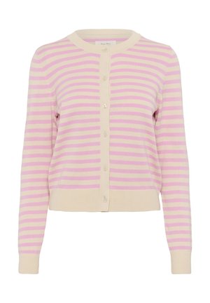 Lightweight cardigan in pink and cream stripes. Features a round neckline, button closure, and ribbed cuffs and hem. Smooth knit texture.