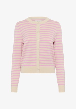 Cardigan léger à rayures roses et crème. Présente un col rond, une fermeture à boutons, et des poignets et un ourlet côtelés. Texture en maille lisse.