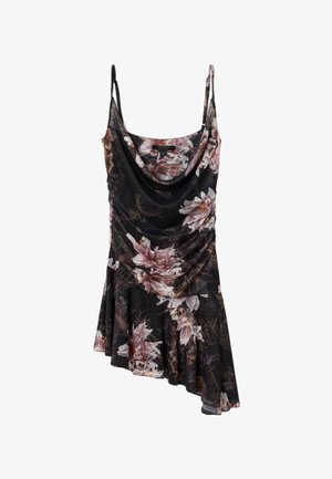 Mustast ebakorrapärase lõikega lilleline kleit, millel on roosad ja valged lilled, õhukesed rihmad ning ees volditud kangas.