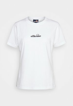 Weißes T-Shirt mit kurzen Ärmeln aus Baumwolle, mit einem schwarzen "ellesse"-Logo auf der Vorderseite. Runder Halsausschnitt und normale Passform.