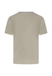 Camiseta de manga corta beige con cuello redondo. Presenta una textura suave y un diseño trasero simple y sin adornos.