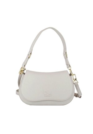 Piccola borsa a mano grigio chiaro con patta curva, ferrature dorate, tracolle corte e lunghe staccabili e delicato logo del marchio in rilievo sulla parte anteriore.