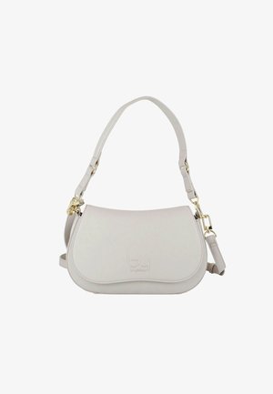 Piccola borsa a mano grigio chiaro con patta curva, ferrature dorate, tracolle corte e lunghe staccabili e delicato logo del marchio in rilievo sulla parte anteriore.