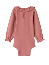 Langärmeliger, gerippter Body in staubigem Rosé mit Rüschenausschnitt und gepufften Ärmeln. Verfügt über einen Knopfverschluss auf der Rückseite und elastische Bündchen.