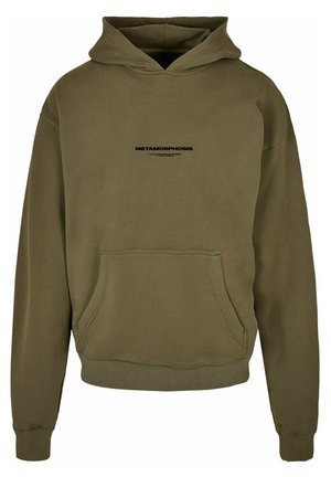 Hoodie oliivinvihreästä pehmeästä kankaasta, jossa on kengurulaukku ja ribbauskut.