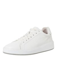 White leather sneakers with a textured finish, low-profile design, flat laces, and a lightweight sole. Subtle branding on the tongue.