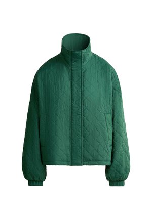 Veste matelassée vert foncé avec col montant, manches longues, poignets élastiques et fermeture avant dissimulée.