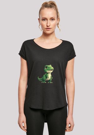 Black short-sleeve T-shirt featuring a green dinosaur graphic on the front. Soft fabric with a relaxed fit and rounded hem design.