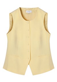Gilet sans manches jaune pâle à boutons avec encolure ronde, deux poches à passepoil à l'avant et coutures ajustées, taille 36 par Tatuum.