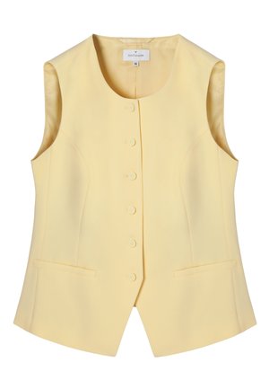 Sleeveless pale yellow buttoned vest with round neckline, two front welt pockets, and tailored seams, size 36 by Tatuum.