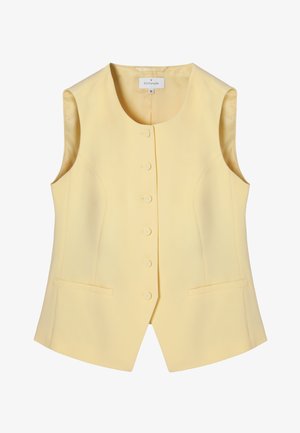 Sleeveless pale yellow buttoned vest with round neckline, two front welt pockets, and tailored seams, size 36 by Tatuum.