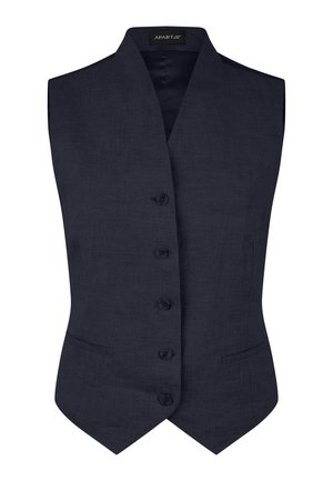 Chaleco azul marino hecho a medida con cinco botones, cuello en V, dos bolsillos laterales y un dobladillo ligeramente en punta.