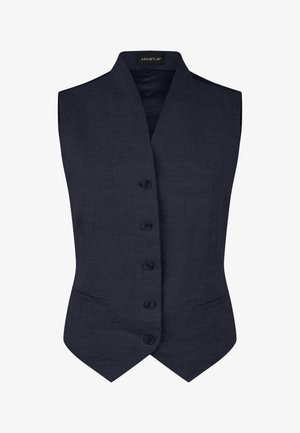 Gilet sartoriale blu navy con cinque bottoni, colletto a V, due tasche laterali e orlo leggermente appuntito.