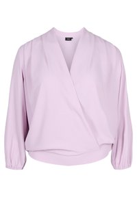 Blusa avvolgente rosa chiaro con maniche lunghe a sbuffo, scollatura a V profonda e polsini elastici. Presenta un tessuto morbido e una vestibilità rilassata.