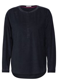 Maglietta a maniche lunghe blu navy con scollo rotondo, pattina con bottoni e orlo leggermente curvato. Realizzata in tessuto morbido con una consistenza liscia.