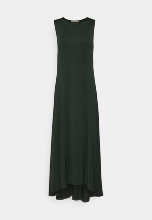 Sleeveless dark green maxi dress with high-low hem and round neckline, displayed flat against white background.