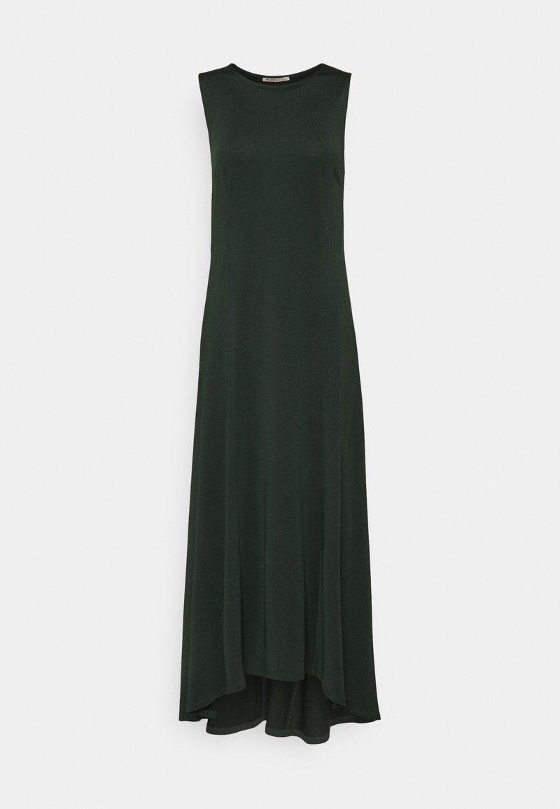 Robe maxi sans manches vert foncé avec ourlet haut-bas et encolure ronde, présentée à plat sur fond blanc.