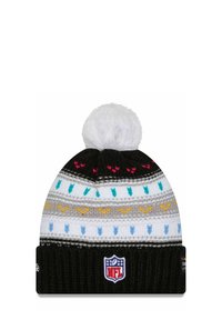Knitted beanie in black, featuring a white pom-pom, multicolored horizontal stripes, and an NFL logo patch on the ribbed cuff.