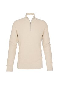 Ljusbeige långärmad tröja med hög krage och kvartszip, tillverkad av strukturerat tyg med ribbade muddar och fåll.