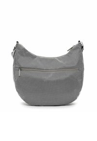 Graue, strukturierte Schultertasche mit runder Form, ausgestattet mit einer frontalen Reißverschlusstasche und einem verstellbaren Riemen. Das Material wirkt leicht und langlebig.