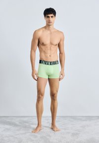 Boxeri scurți verzi din bumbac, cu un brâu negru cu logo-ul Calvin Klein, design ajustat, textură netedă și formă clasică.