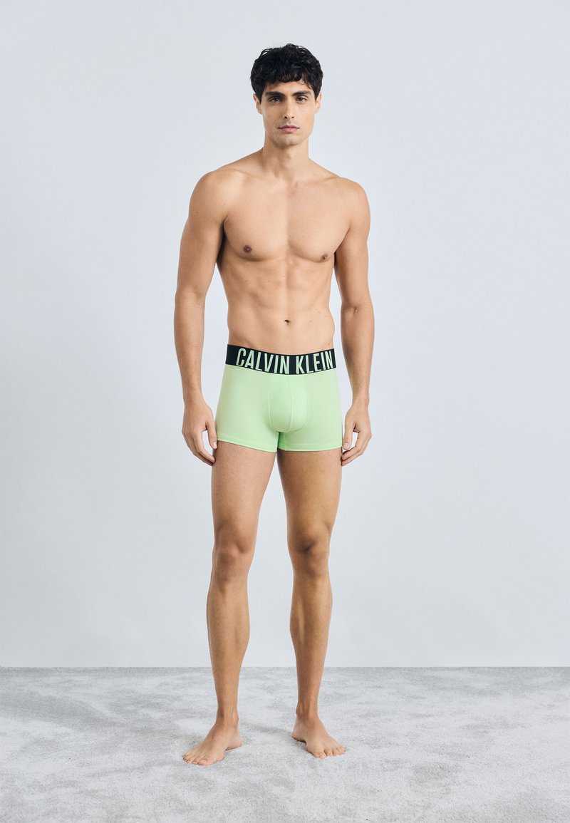 Boxeri scurți verzi din bumbac, cu un brâu negru cu logo-ul Calvin Klein, design ajustat, textură netedă și formă clasică.