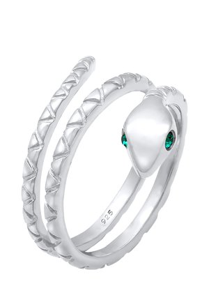 Silver snake-shaped ring with two coiled bands, one smooth and one textured with a zigzag pattern, featuring emerald green accents for eyes.