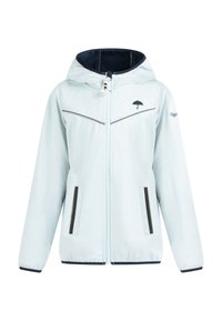 Giacca azzurro chiaro con zip frontale e cappuccio, dettagli argento e blu navy, due tasche laterali con bordo scuro e un piccolo logo a forma di ombrello sul petto.