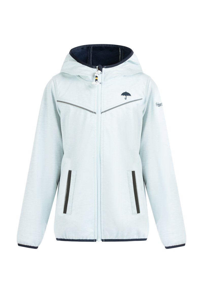 Light blue zip-front jacket with a hood, silver and navy accents, two side pockets with dark trim, and a small umbrella logo on the chest.