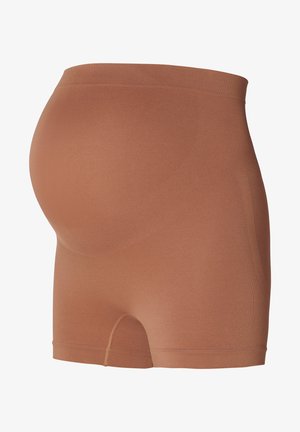 Schwangerschaftsshorts in einem hellbraunen Farbton, aus glattem, dehnbarem Material gefertigt, mit einem hohen Bund und einem nahtlosen, körperbetonten Design.