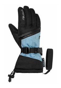 Schwarze und blaue Softshell-Winterhandschuhe mit verstellbarem Riemen, Reißverschlussfach und Handgelenkriemen für sicheren Sitz und Wärme.