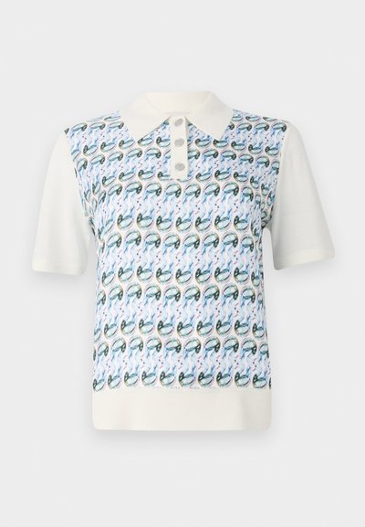 Short-sleeve polo shirt featuring a patterned front with green and blue shapes, white collar, and three button placket. Smooth texture.