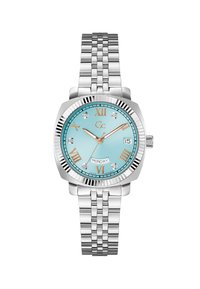 Montre en acier inoxydable argentée avec un cadran turquoise, des chiffres romains, des accents en diamant et un affichage jour-date. Comprend un bracelet à maillons.