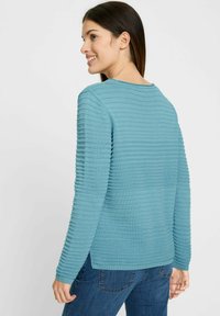 Blauer gerippter Langarmpullover mit Rundhalsausschnitt, strukturiertem Muster und seitlichen Schlitzen; in Kombination mit Jeans, von hinten betrachtet.