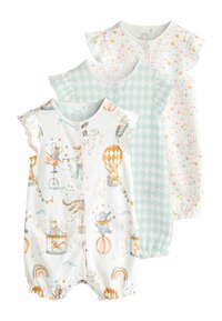 Tre baby romper i blød bomuld: en med dyre-cirkustryk, en i lysegrøn tern og en med pastelfarvede stjernemønstre. Volangærmer.