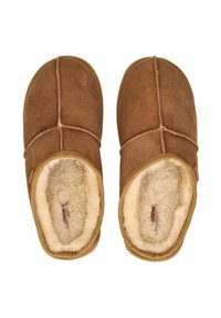 Braune Wildlederschuhe mit Schafsleinenfutter, von oben betrachtet, zeigen genähte Nähte und gepolsterte Innenseite.