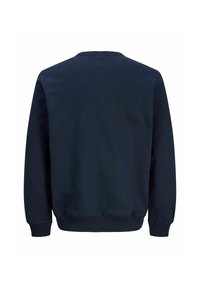 Marineblauwe sweatshirt van een katoenmix. Het heeft een geribbelde halslijn, manchetten en zoom, met een gladde, zachte textuur aan de oppervlakte.