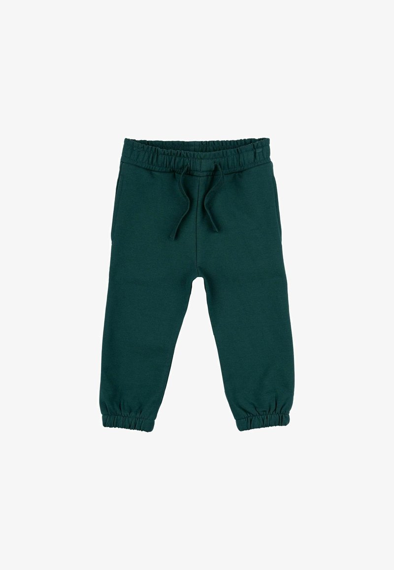 Donkergroen sweatpants met een elastische tailleband, trekkoord en verzamelde boorden. Gemaakt van zacht materiaal met een gladde textuur.