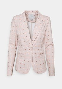 Rosa blazer med vita och orange prickar, med snibbkrage, enkel knappstängning och två framfickor. Slät tygtextur.