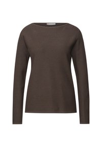 Maglione marrone a maniche lunghe con una texture a coste, scollo ampio e una vestibilità rilassata. Design semplice senza modelli o dettagli visibili.