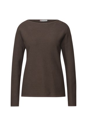 Pull marron à manches longues avec une texture côtelée, un col large et une coupe décontractée. Design simple sans motifs ni accents visibles.