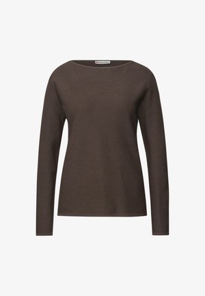Brown long-sleeve sweater with a ribbed texture, wide neckline, and a relaxed fit. Plain design with no visible patterns or accents.