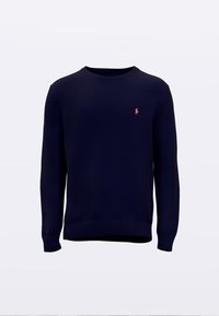 Maglione blu navy in maglia con scollo tondo a costine e maniche lunghe. Presenta un piccolo logo ricamato rosso sul petto a sinistra.