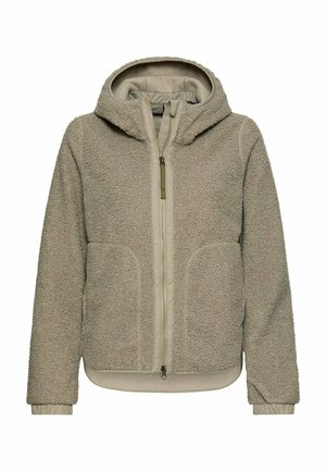 Veste à capuche en polaire beige avec fermeture éclair avant, deux poches latérales et poignets élastiques, confectionnée en tissu sherpa épais et texturé.