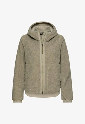 Veste à capuche en polaire beige avec fermeture éclair avant, deux poches latérales et poignets élastiques, confectionnée en tissu sherpa épais et texturé.